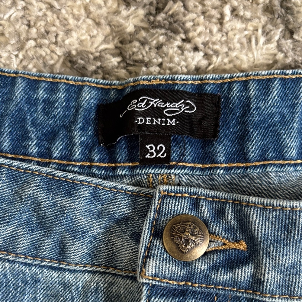 Ed Hardy Blue Jean Shorts with Tattoo Art size 14 - Picture 3 of 3